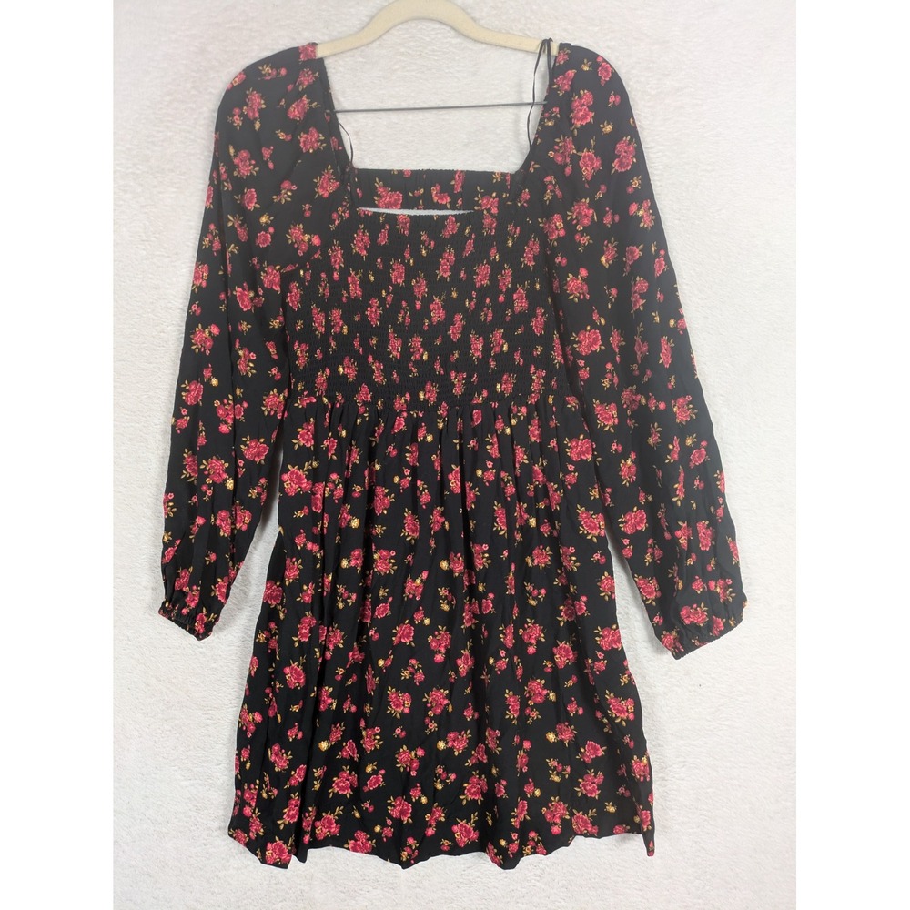 Old Navy Dress Women's S Black Floral Smocked Square Neck Long Sleeve Mini